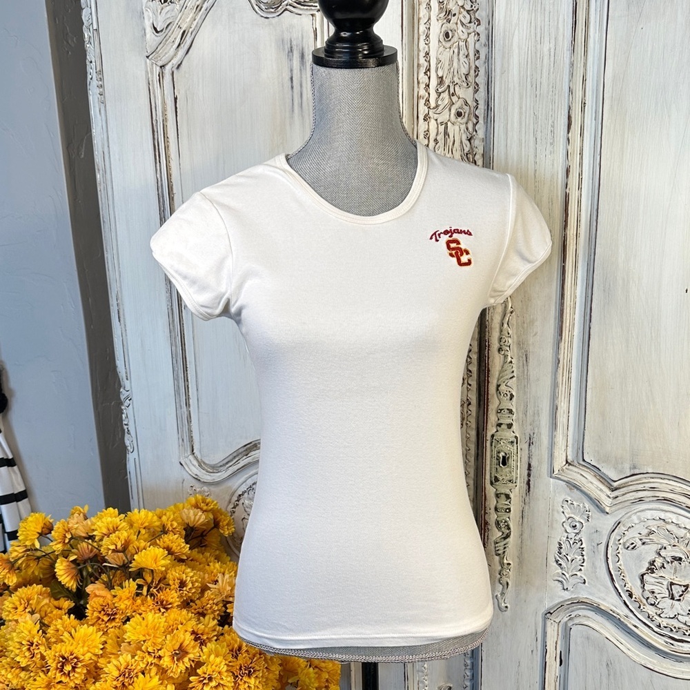 Team Trojan Cotton White Women's Top with Red and Gold USC Embroidery